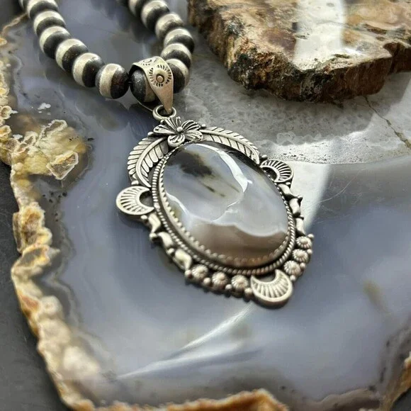 Sterling Southwestern Style Oval Moss Agate Tube Decorated Pendant For Women